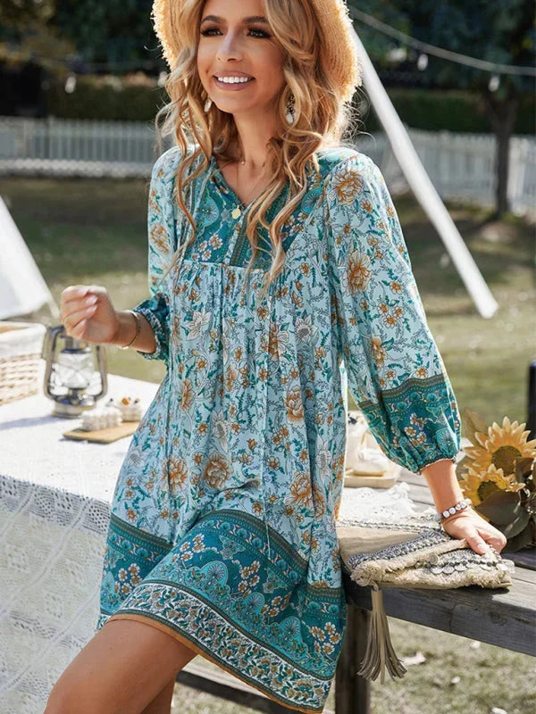 "Marina mini dress featuring boho-inspired delicate prints on lightweight fabric, perfect for a casual yet stylish look."