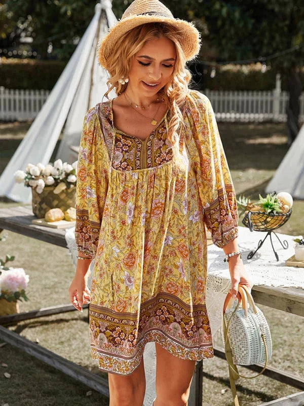 Boho-inspired mini dress with delicate prints, perfect for casual outings or summer events, featuring a relaxed fit and…