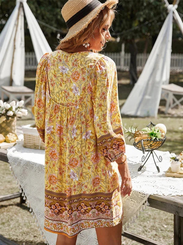 "Marina mini dress, boho-inspired with delicate prints and flowing silhouette, perfect for a casual summer day or outdoor…