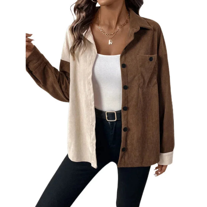 "Matilda blouse in beige and white with front buttons, chest pockets, and collar neckline, made from soft cotton blend…
