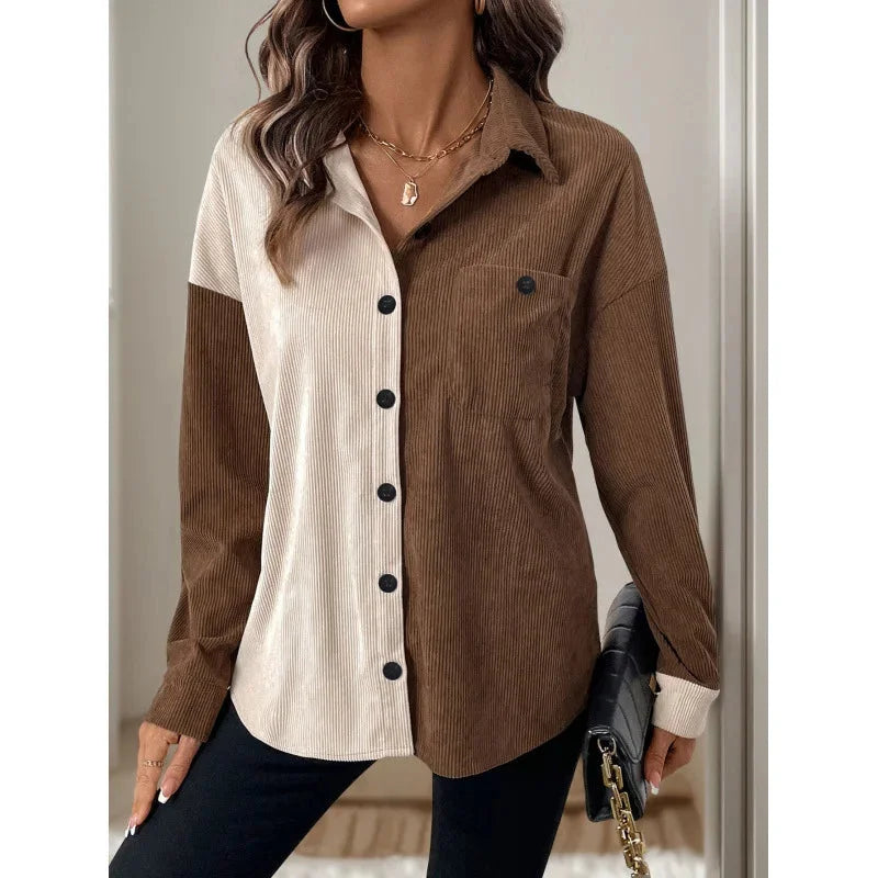 Brownbeige Matilda blouse: Two-tone button-up design with pockets. Soft and comfortable fabric. Ideal for casual or work…