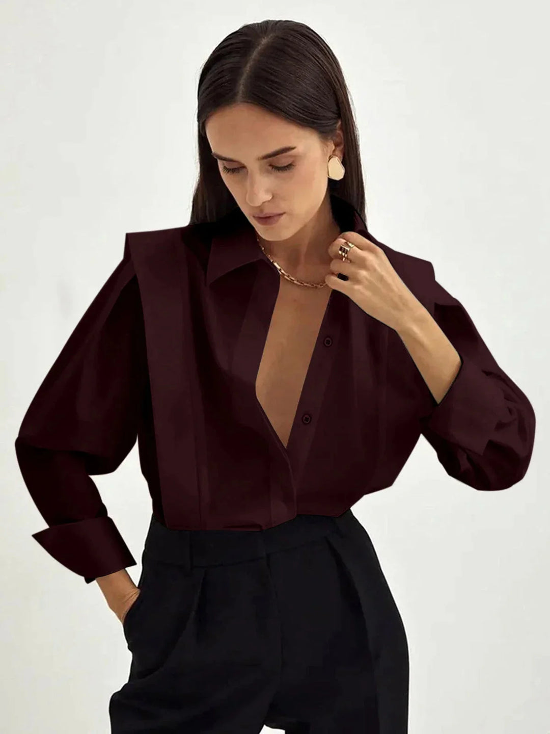 Burgundy oversized shirt with button details, made of soft durable fabric - Mavis adds a chic touch to your wardrobe.