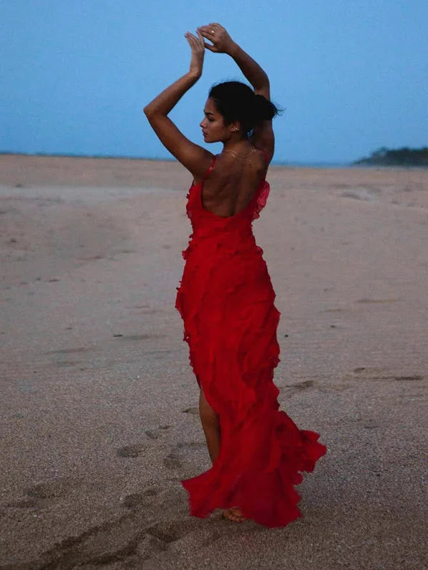"Mayleigh spaghetti strap dress in soft, flowy fabric with tiered ruffle design, perfect for a casual yet elegant summer…