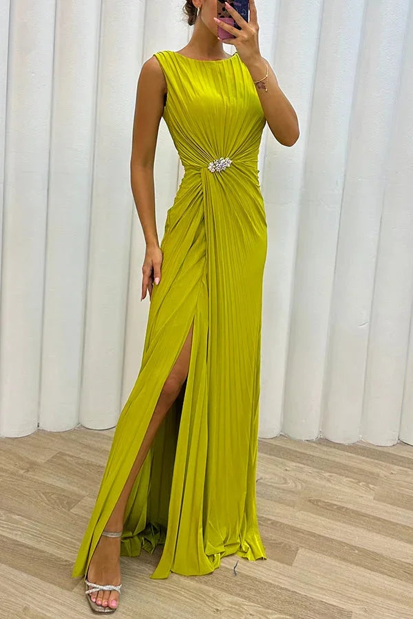 "Mehlani maxi dress featuring elegant pleats and jewel detail, perfect for formal occasions or evening events."