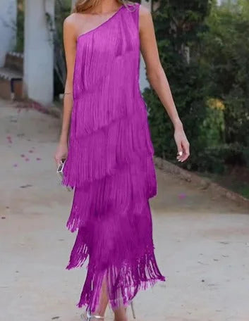 One-shoulder midi dress with fringe detailing, perfect for a chic and stylish look.