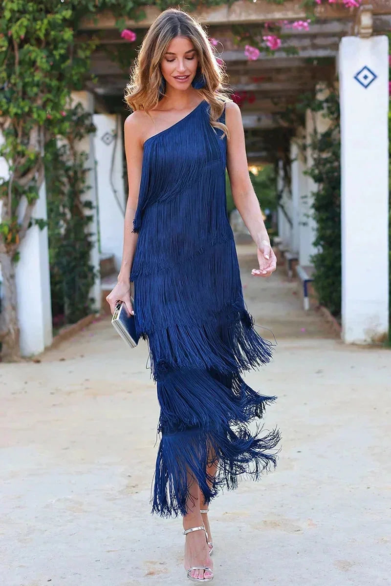 One-shoulder midi dress with fringe, made from flowy fabric. Features a stylish asymmetrical design perfect for special…