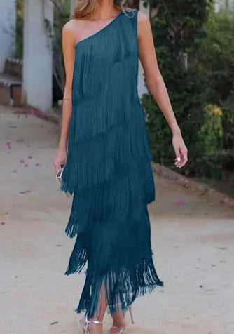 Black one-shoulder midi dress with fringe, perfect for a night out.