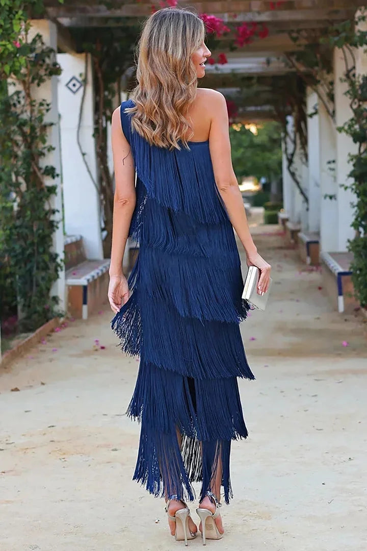 One-shoulder midi dress with fringe in black, featuring a sleek and stylish design perfect for special occasions.