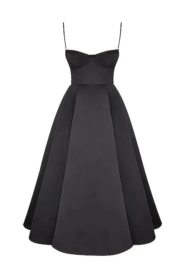 "Satin black dress with cream tulle overlay, perfect for special occasions"