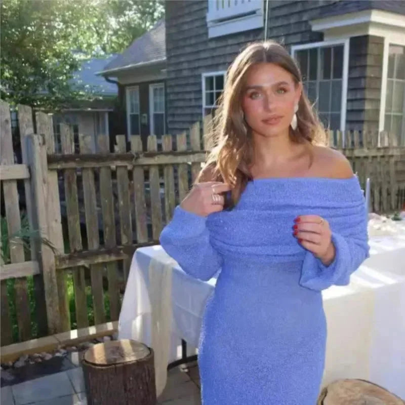 Blue off-shoulder mini dress with sparkling details for sunny events. Comfortable and elegant choice for special occasions.