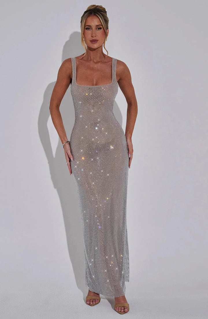 Silver sleek mesh maxi dress for women, featuring a modern design with a flowy silhouette and delicate mesh fabric.