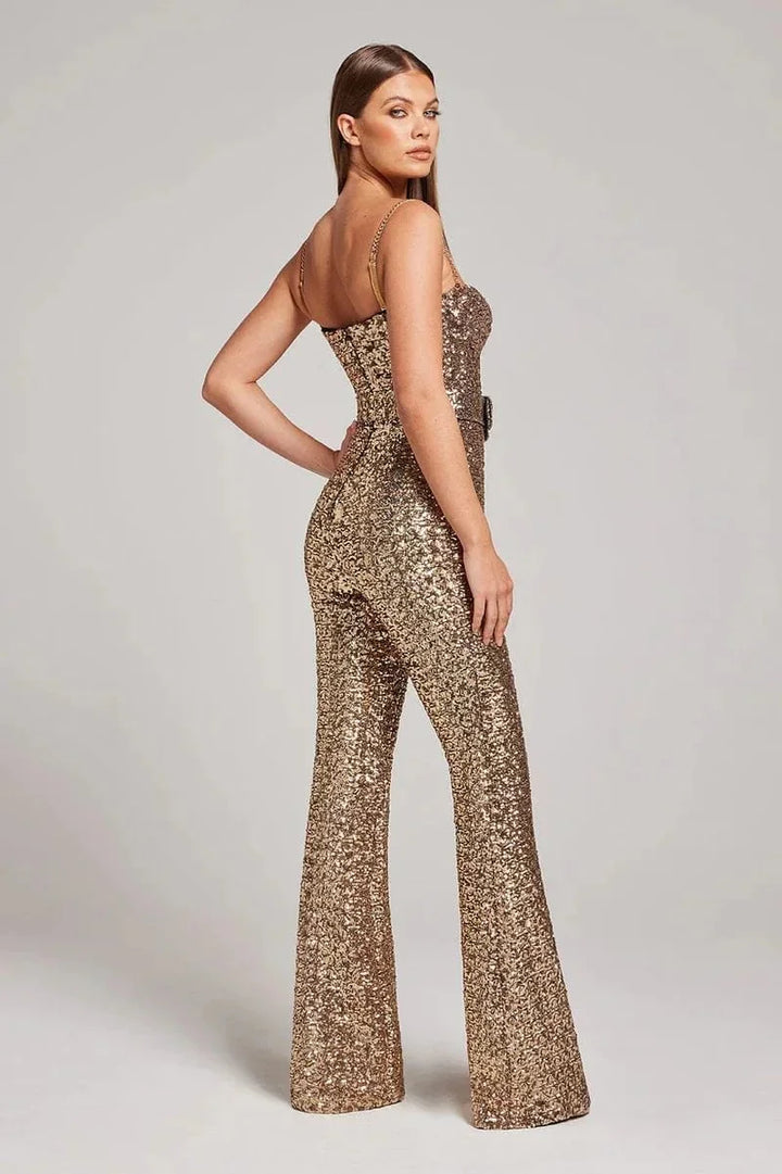 Strapless glitter jumpsuit in black with waist belt, featuring a sleek design and sparkly finish for a bold and stylish look.