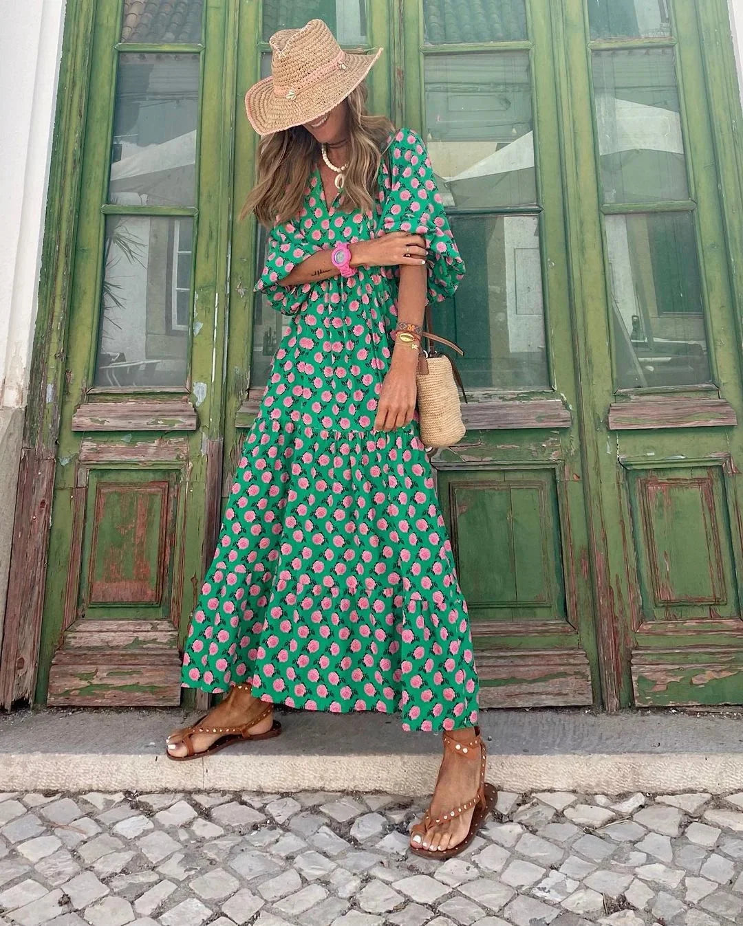 Alt text: "Mialani maxi dress featuring a vibrant print design, made from lightweight and breathable fabric, perfect for…