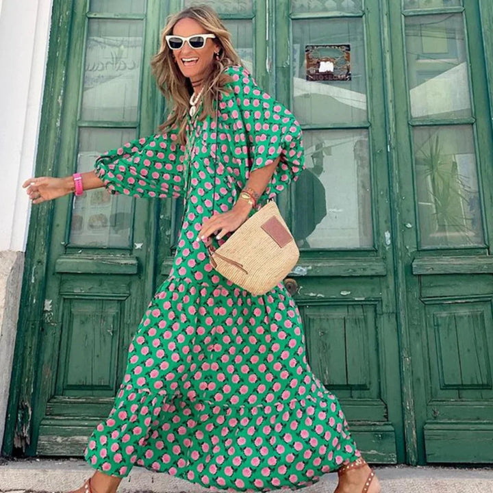 "Colorful maxi dress with playful print design, made from soft and flowy fabric - Mialani collection"