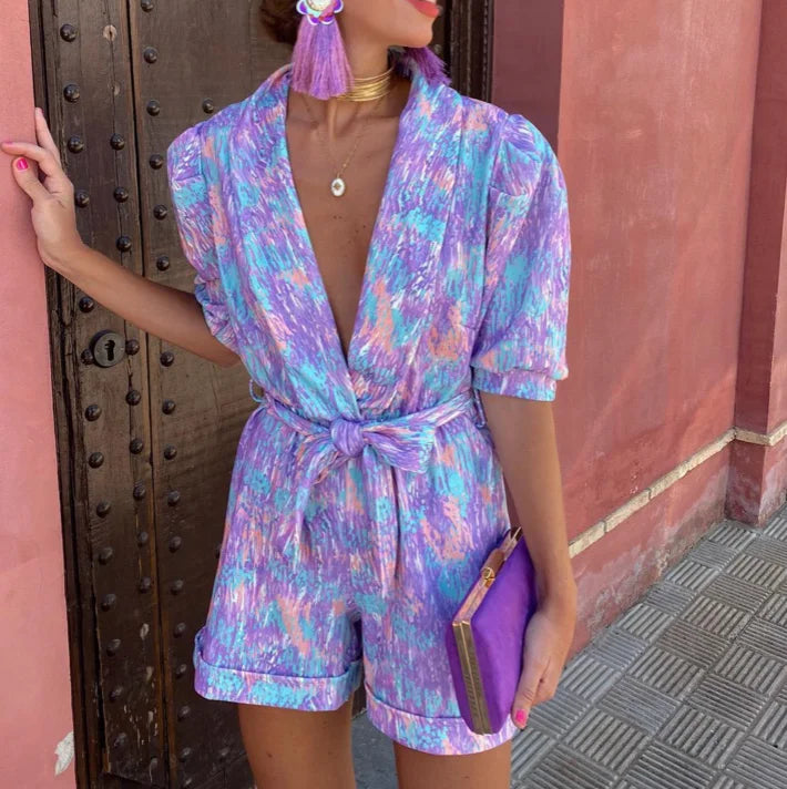 "Milliana playsuit in lightweight fabric with tie waist, perfect for effortless style and comfort."