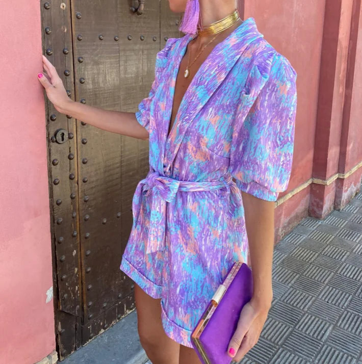 "Milliana playsuit in a soft, lightweight material with tie waist for comfort and style."