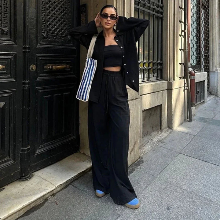 "Airy linen shirt pant duo in relaxed fit with effortless style, perfect for casual outings or lounging at home."