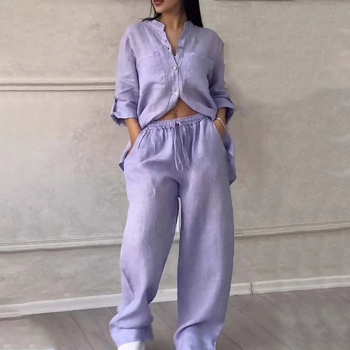 Purple linen shirt and pants set with an airy and effortless fit. Comfortable and stylish duo perfect for various occasions.