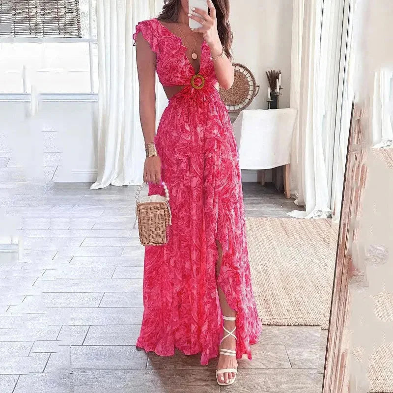 "Nailea pink V-neck maxi dress with a floral pattern, made from light and airy fabric, perfect for a summer day out."