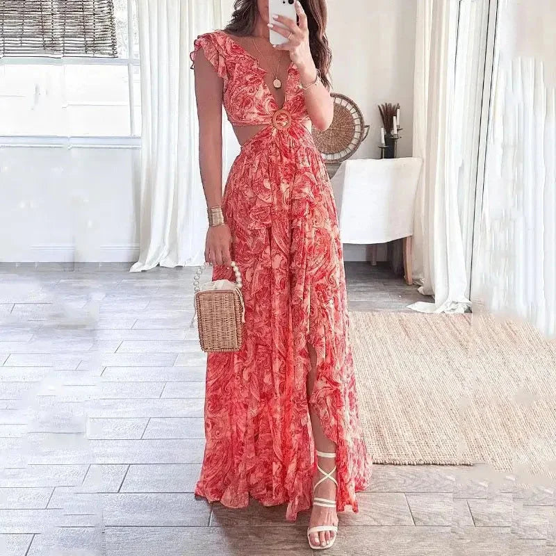 Red floral V-neck maxi dress made of soft chiffon with a flowy silhouette and delicate floral pattern, perfect for casual…