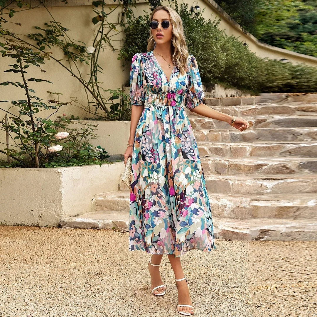 Multicolour floral midi dress with elastic waist for effortless style and comfort.