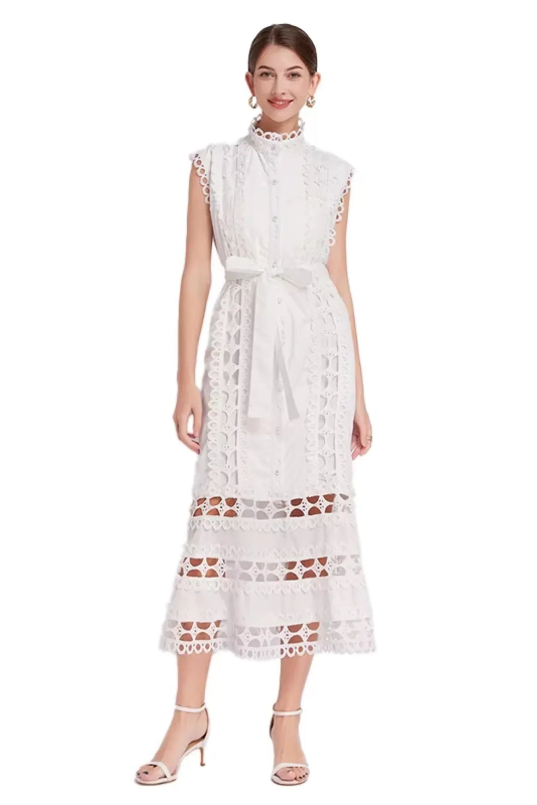 "Nalah sleeveless lace midi dress featuring a belted waist, ideal for elegant occasions with its intricate lace and…