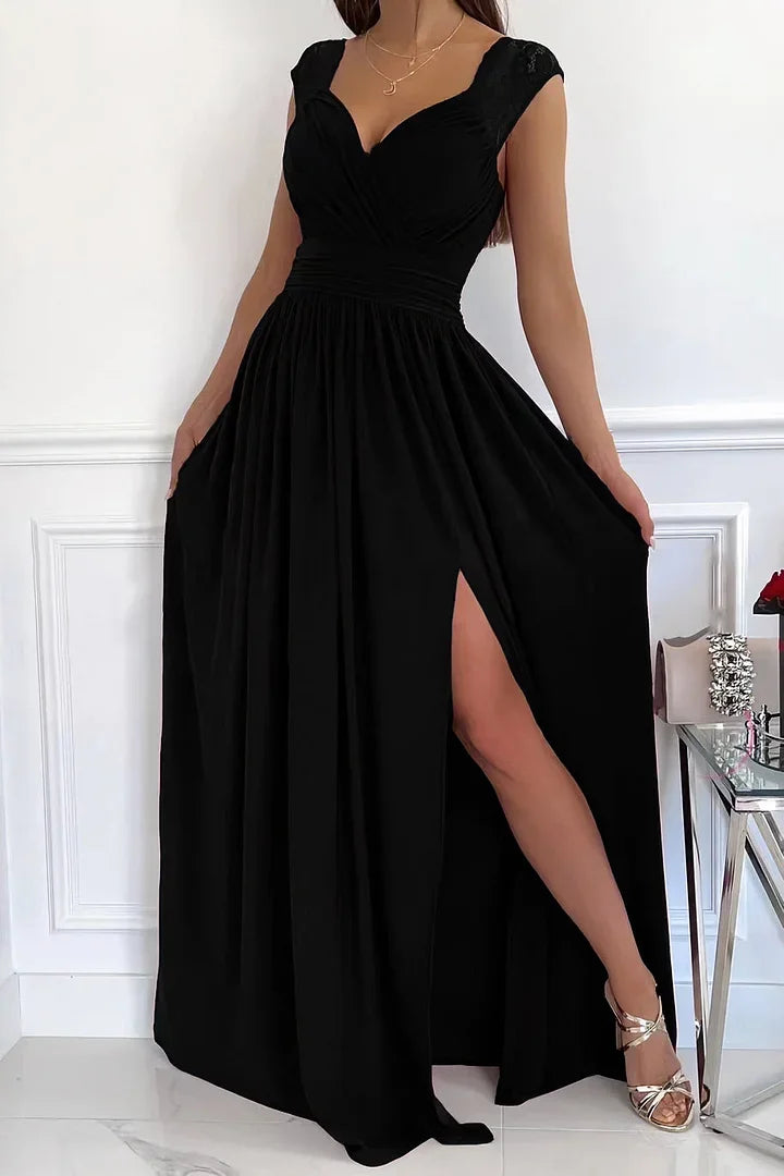 "Black lace maxi dress with slit featuring sleeveless design. Elegant and flattering for various occasions."