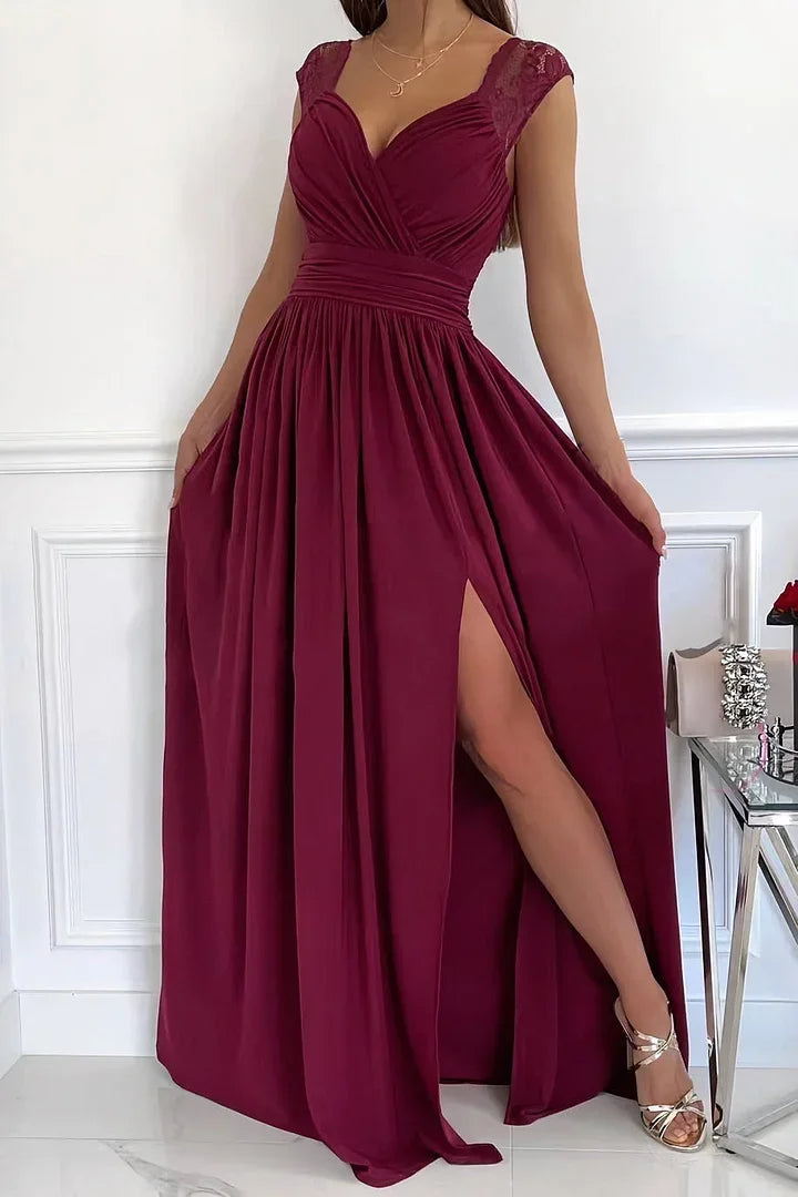 Brown lace maxi dress with slit designed by Nancy, sleeveless and elegant.