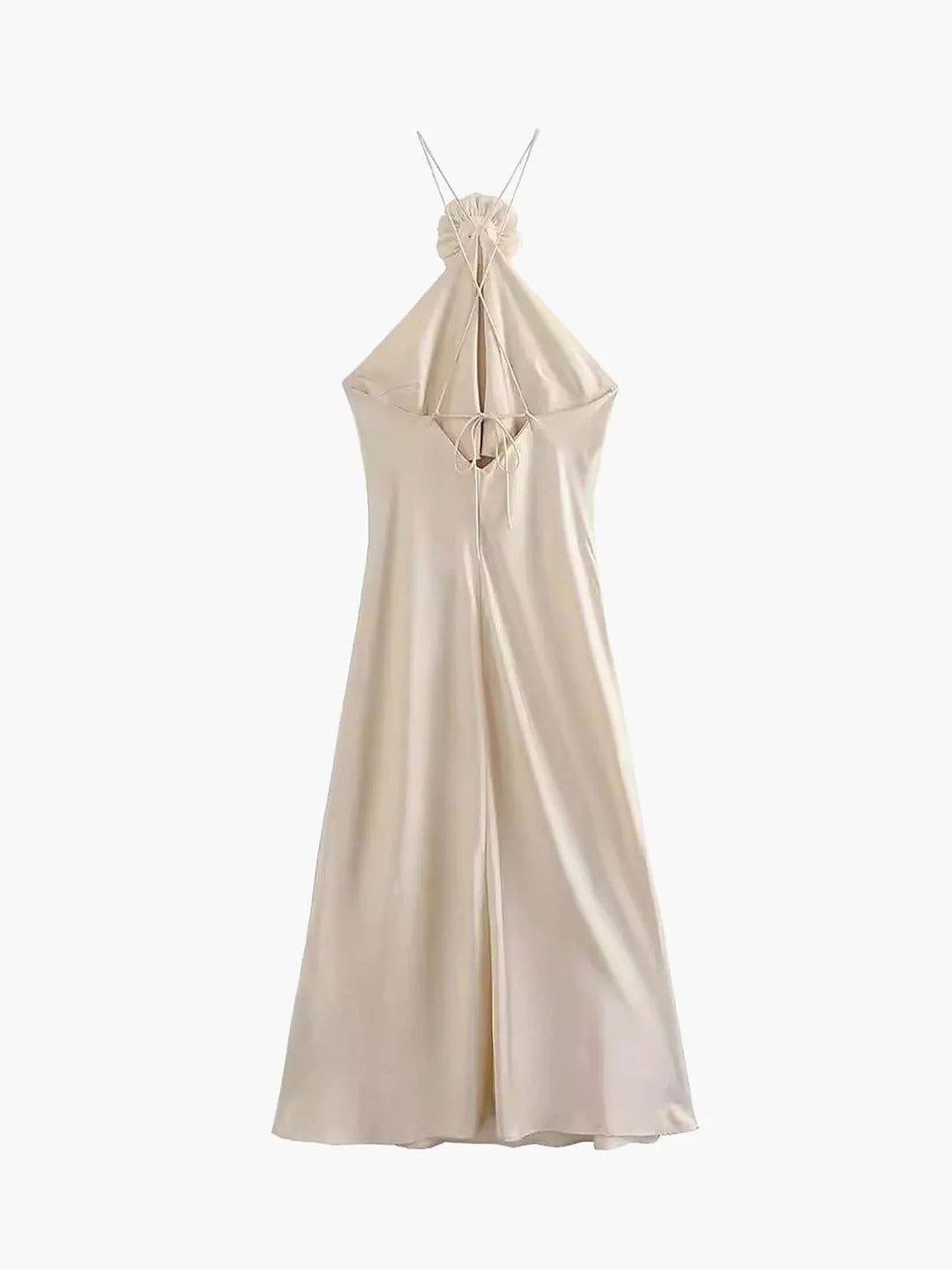 Black satin halter dress with rose decorations on the neckline and a sleek silhouette, perfect for a classy evening outing.