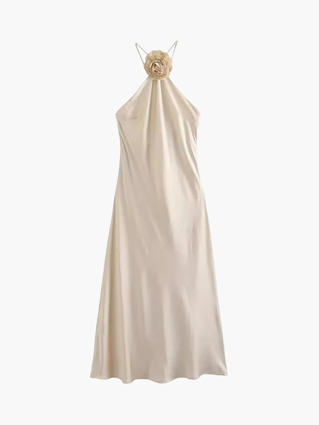 "Nayah satin halter dress featuring elegant rose decoration, perfect for a sophisticated evening event."