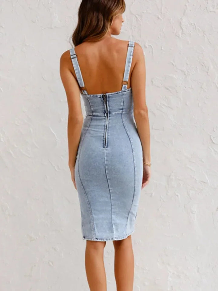 "Neha denim midi dress in sleek fit, perfect for casual events with a classic design and comfortable material."