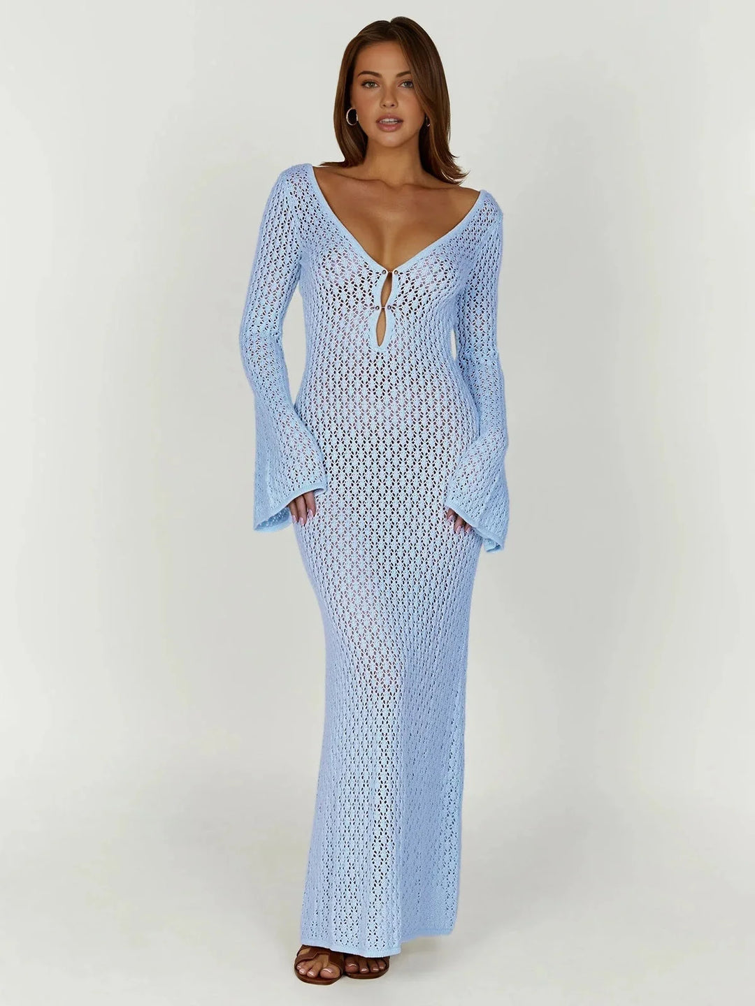 Light Blue women's long knit dress with cleavage tie, featuring a soft and comfortable fabric, ideal for casual or dressy…