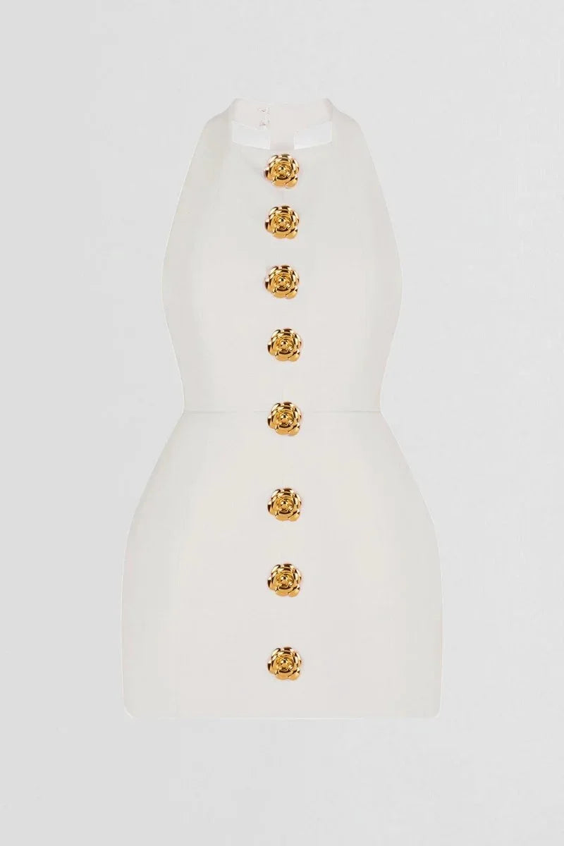 "Black halter mini dress with delicate floral embellishments and intricate details, perfect for a stylish and elegant look."