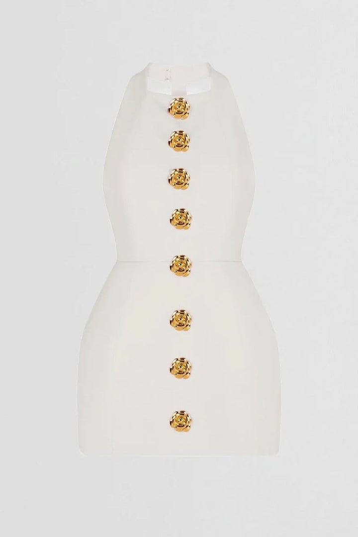 "Black halter mini dress with delicate floral embellishments and intricate details, perfect for a stylish and elegant look."