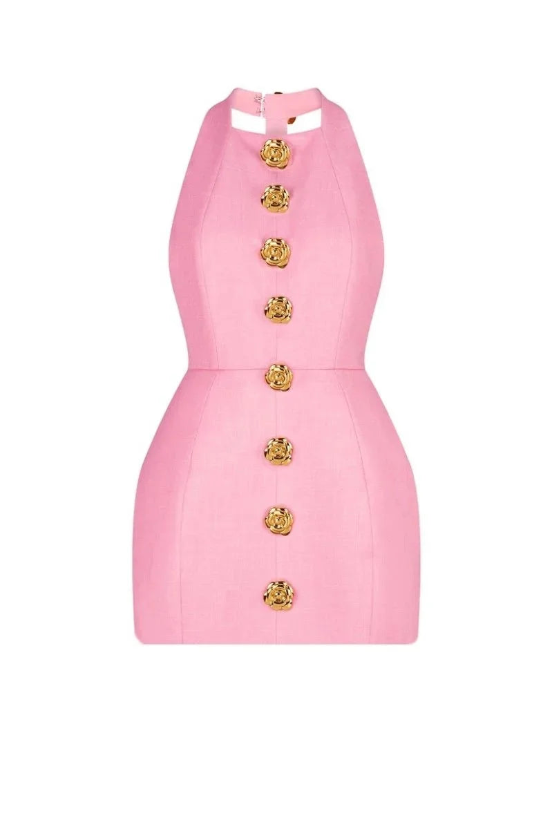 Blue halter mini dress with floral appliques, perfect for summer events. Made of a lightweight, breathable fabric.