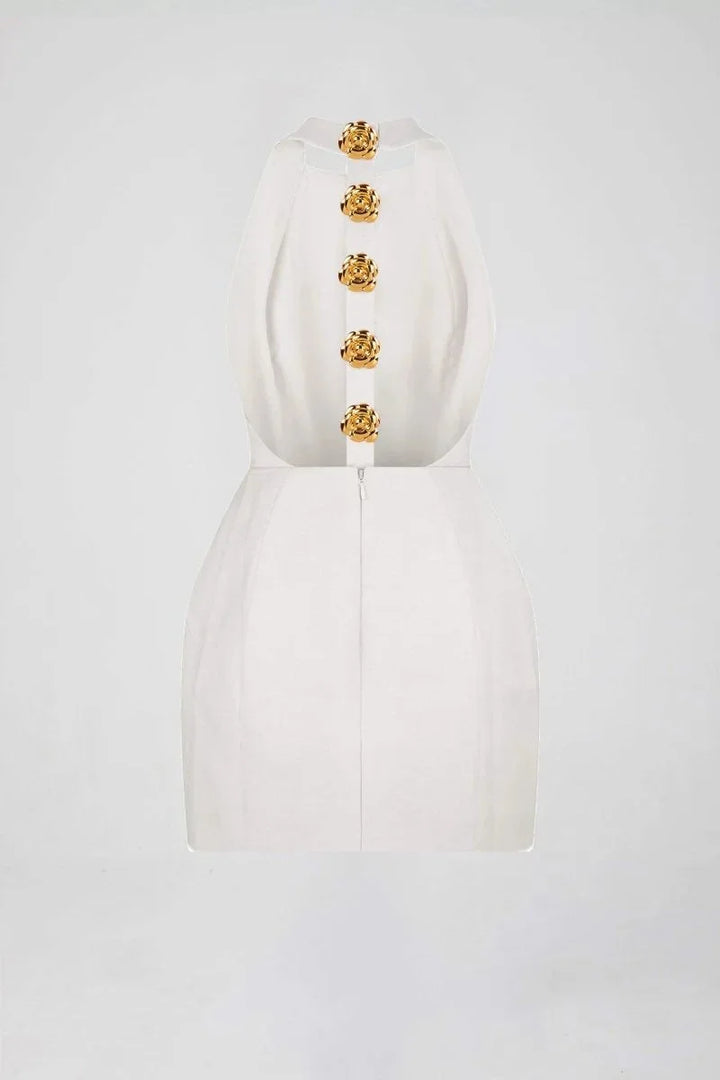 Black halter mini dress with colorful floral embellishments, perfect for a summer day out.
