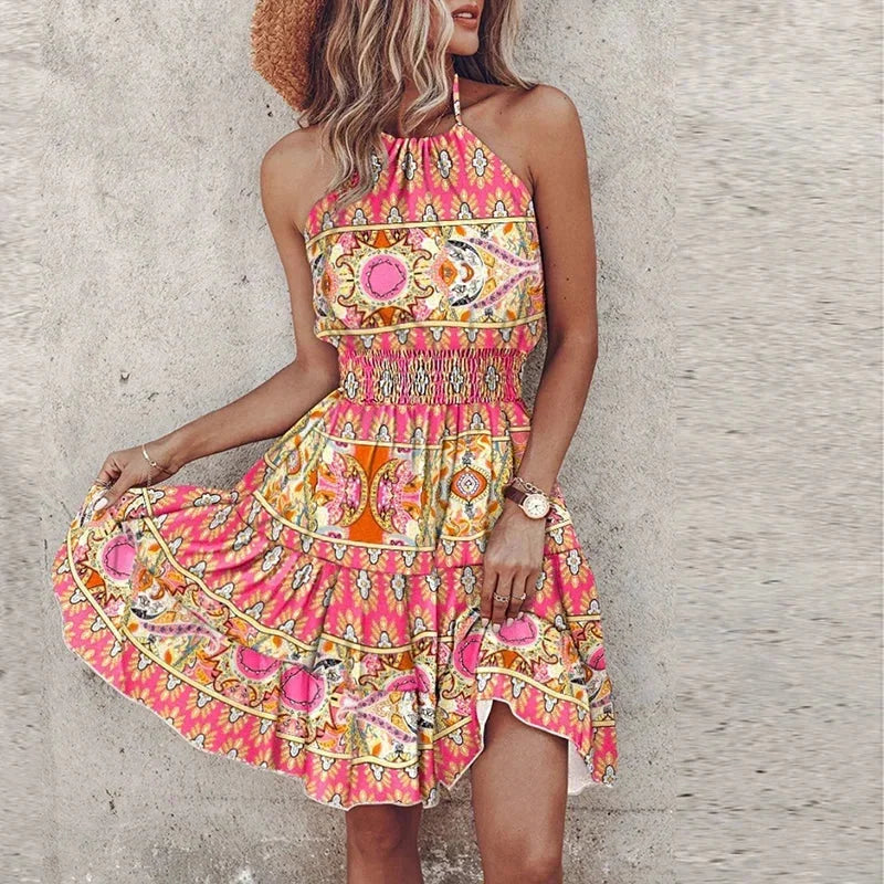 "Nirvana halter neck mini dress in vibrant color, featuring a flowy design perfect for summer, made from lightweight and…