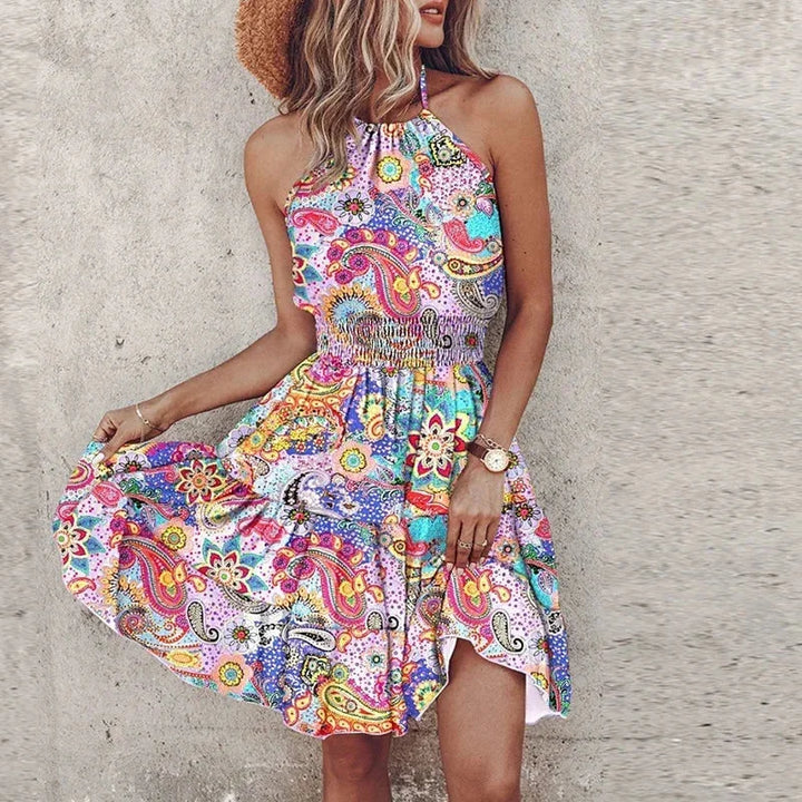 Lavender halter neck mini dress, featuring a vibrant design in a soft and flowy fabric, perfect for a chic and stylish look.