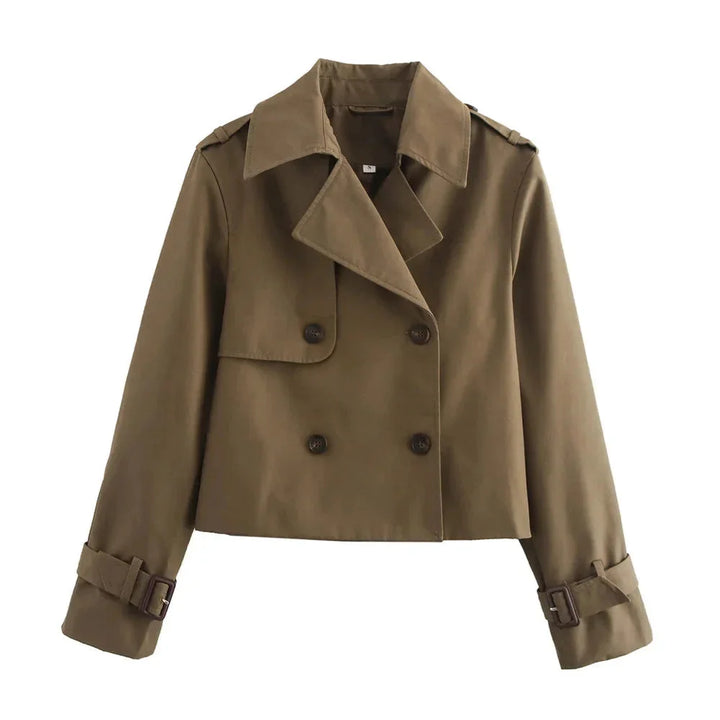 Tan short jacket with a stylish design for daily wear, made of durable fabric with a modern twist on classic detailing.