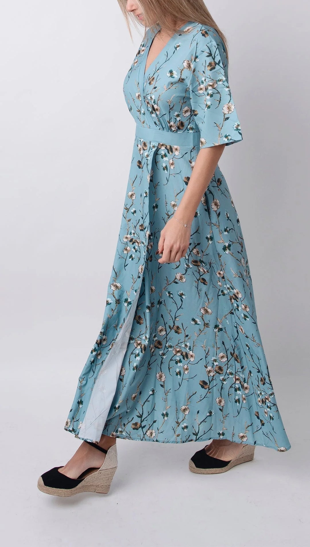 "Nori light blue maxi dress with floral print and half sleeves in solid grey color, ideal for casual and stylish everyday…