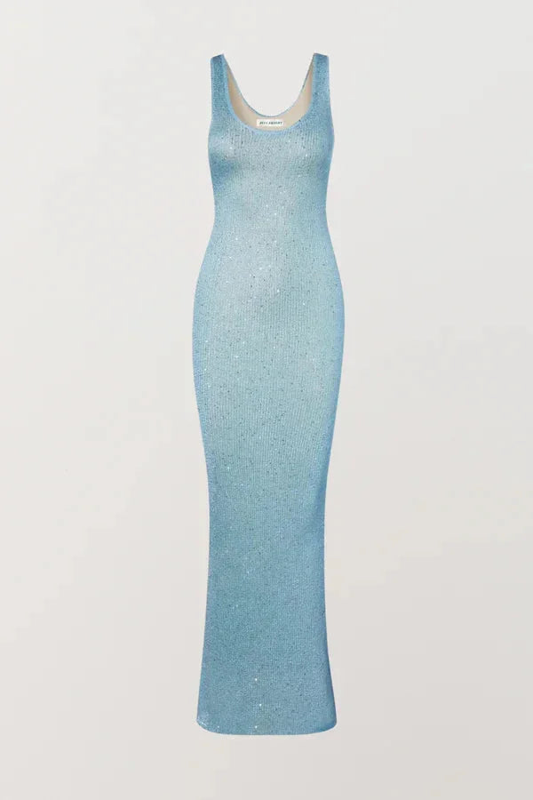 "Sleeveless evening wear in sparkling fabric, perfect for formal events"
