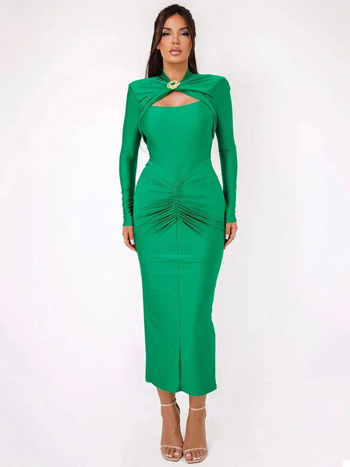 Green maxi dress for women with metal accent detail. Flowy silhouette with a flattering fit. Perfect for a stylish and chic…