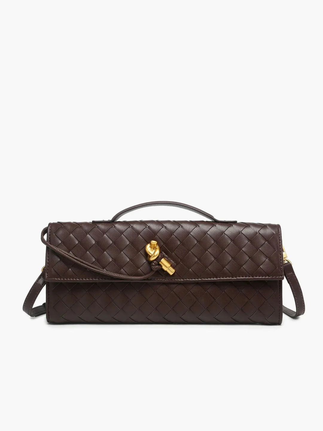 Dark brown quilted shoulder bag with secure clasp made of opal material, showcasing a sleek and sophisticated design.