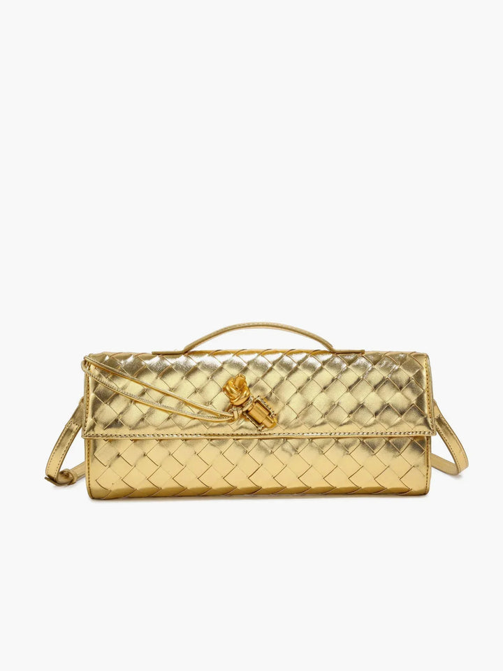 Gold quilted shoulder bag with secure clasp made of opal fabric, ideal for everyday chic style.
