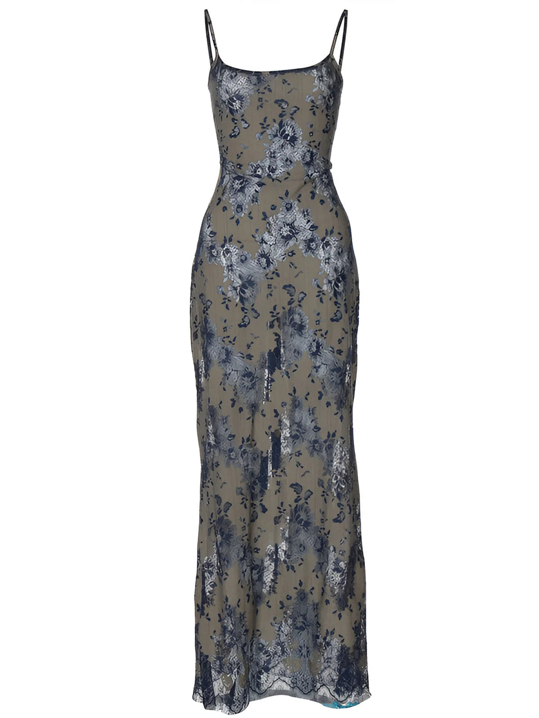 Blue floral lace backless dress with intricate detailing on the back, perfect for a stylish and chic look.