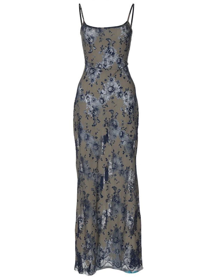 Blue floral lace backless dress with intricate detailing on the back, perfect for a stylish and chic look.