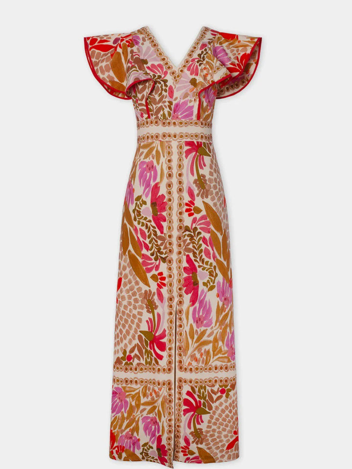 "Red floral maxi dress for women featuring a slit design. Made from soft, breathable material suitable for casual or formal…