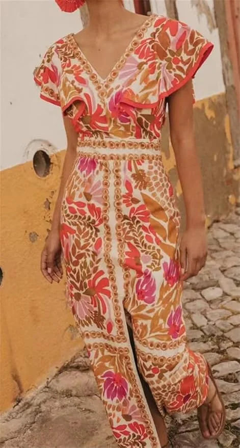 Women's red floral slit maxi dress with elegant design, featuring a vibrant red color and floral pattern. Perfect for a chic…