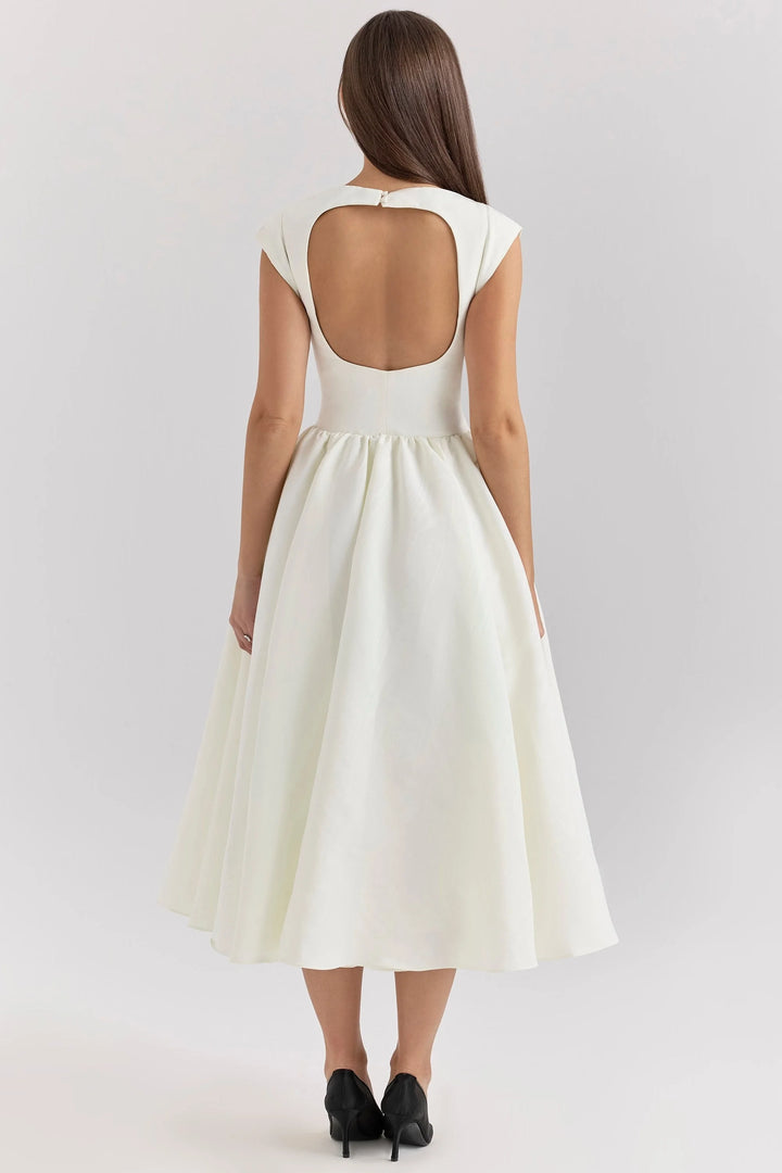 "Black sculpted bodice dress with mid-length hemline, perfect for formal events or evening gatherings."