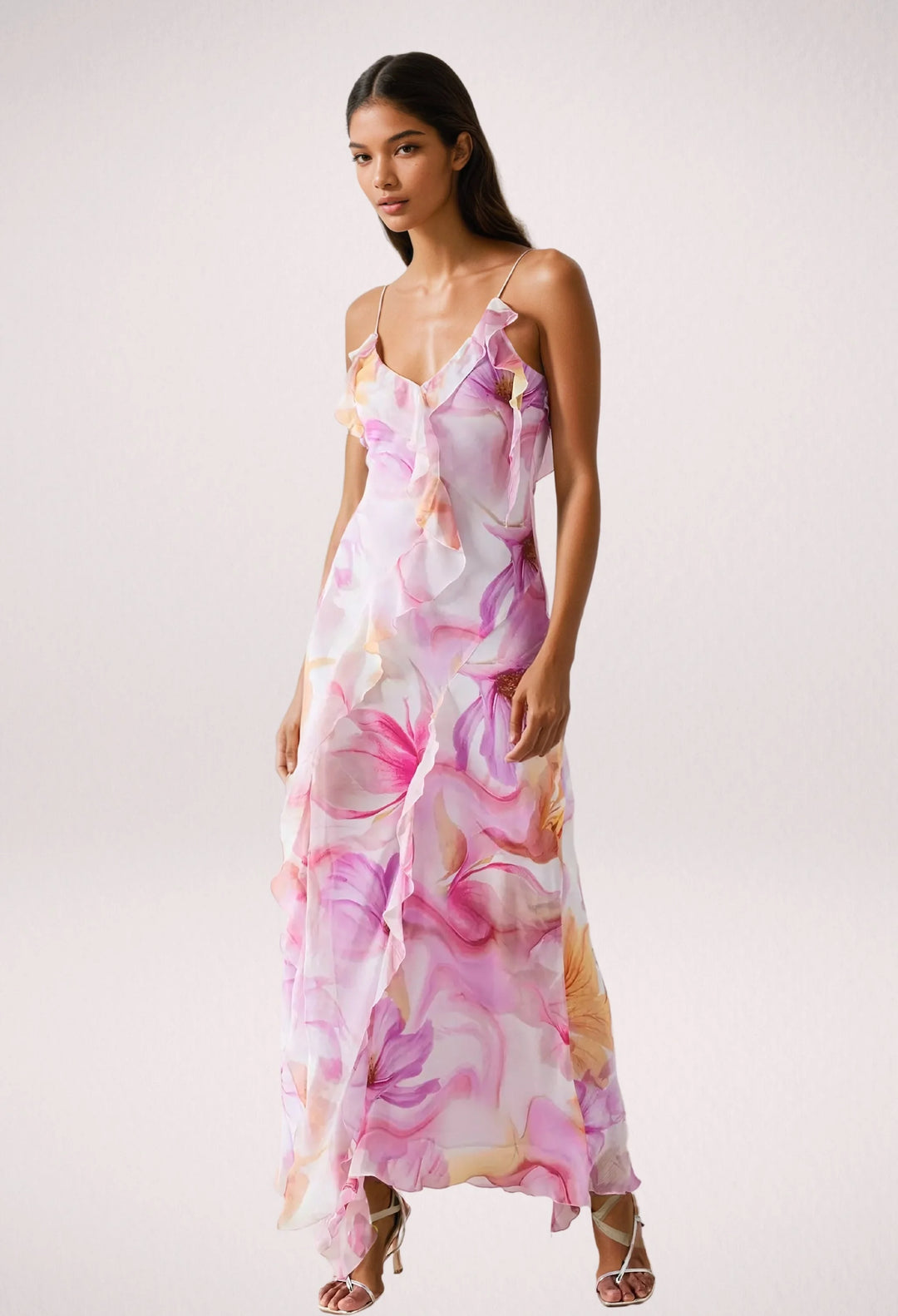 Sleeveless floral maxi dress with ruffle trim, worn by Rihanna. Made of lightweight cotton blend with vibrant floral pattern.